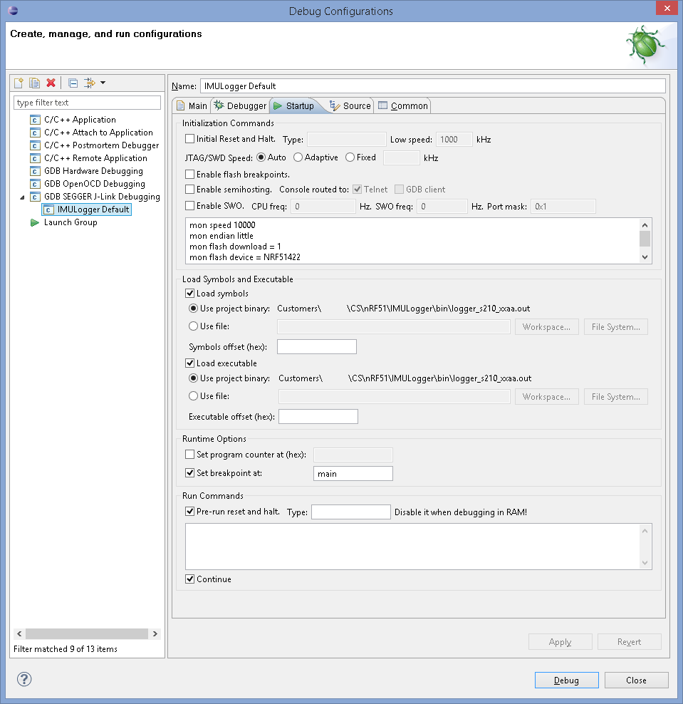 Eclipse Debug Configurations - Startup settings