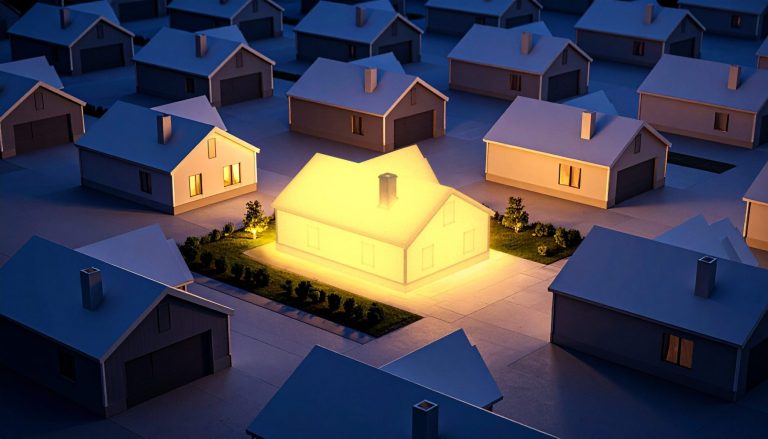 One house with light surrounded by houses without light
