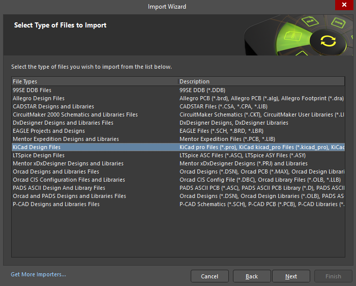 Screenshot image of import wizard file type selection window