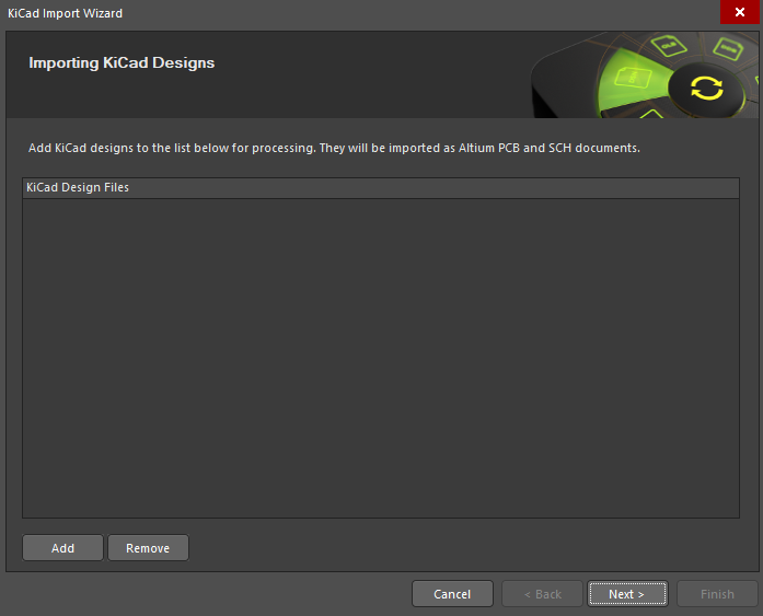 Import window in KiCad Import wizard for adding KiCad designs
